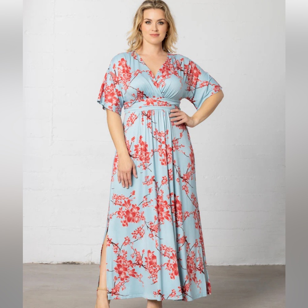 Size 2X Kiyonna Blue and Red Cherry Blossom Maxi Dress
